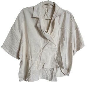 Anthropologie Ivory Textured Crossover V-Neck Short Sleeve Polo Blouse XXS